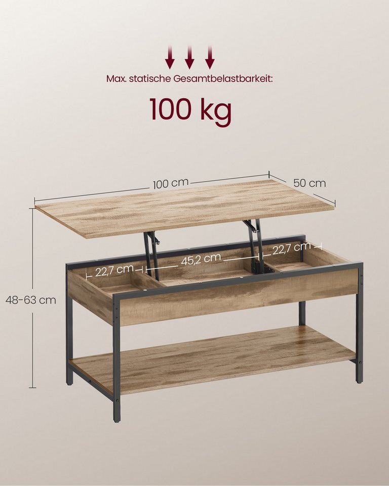VASAGLE Couchtisch Wohnzimmertisch, höhenverstellbar, aufklappbar, mit Stauraum (für Home Office, inkl. Zubehörpaket & Anleitung), Stahl, Industrial, 50 x 100 x – Bild 3 von 5