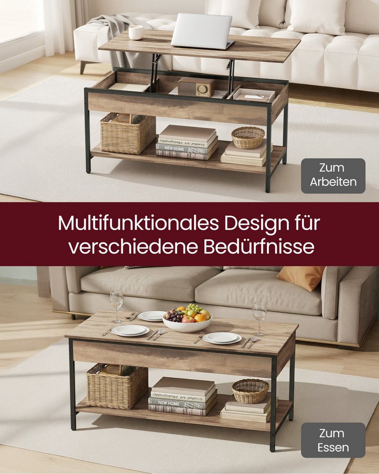 VASAGLE Couchtisch Wohnzimmertisch, höhenverstellbar, aufklappbar, mit Stauraum (für Home Office, inkl. Zubehörpaket & Anleitung), Stahl, Industrial, 50 x 100 x – Bild 4 von 5