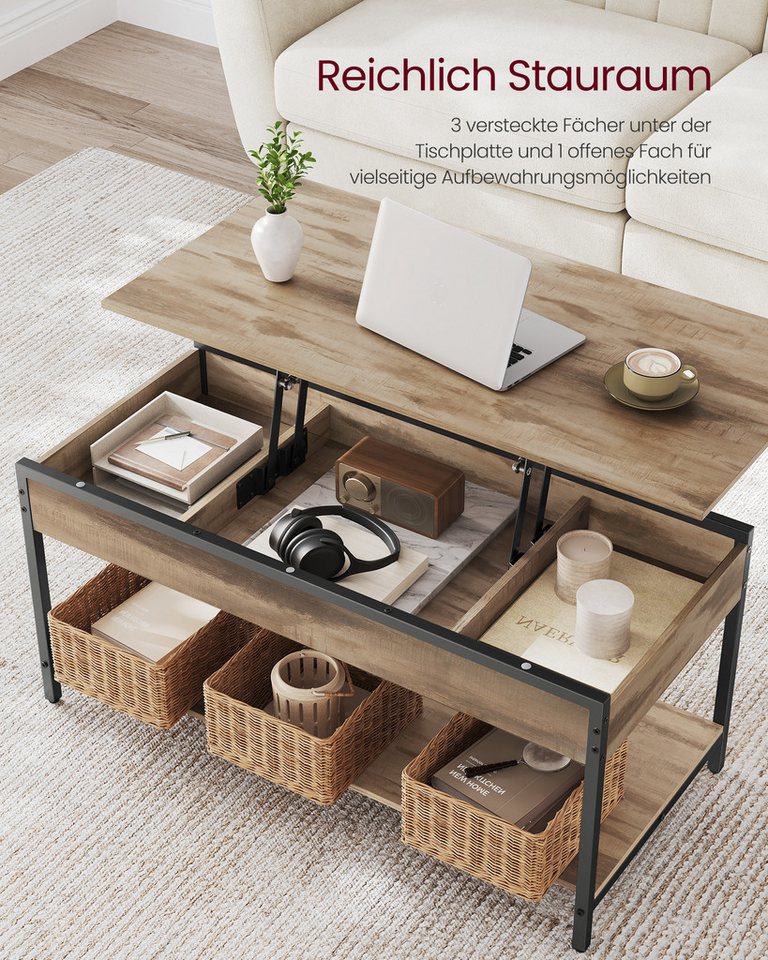 VASAGLE Couchtisch Wohnzimmertisch, höhenverstellbar, aufklappbar, mit Stauraum (für Home Office, inkl. Zubehörpaket & Anleitung), Stahl, Industrial, 50 x 100 x – Bild 5 von 5