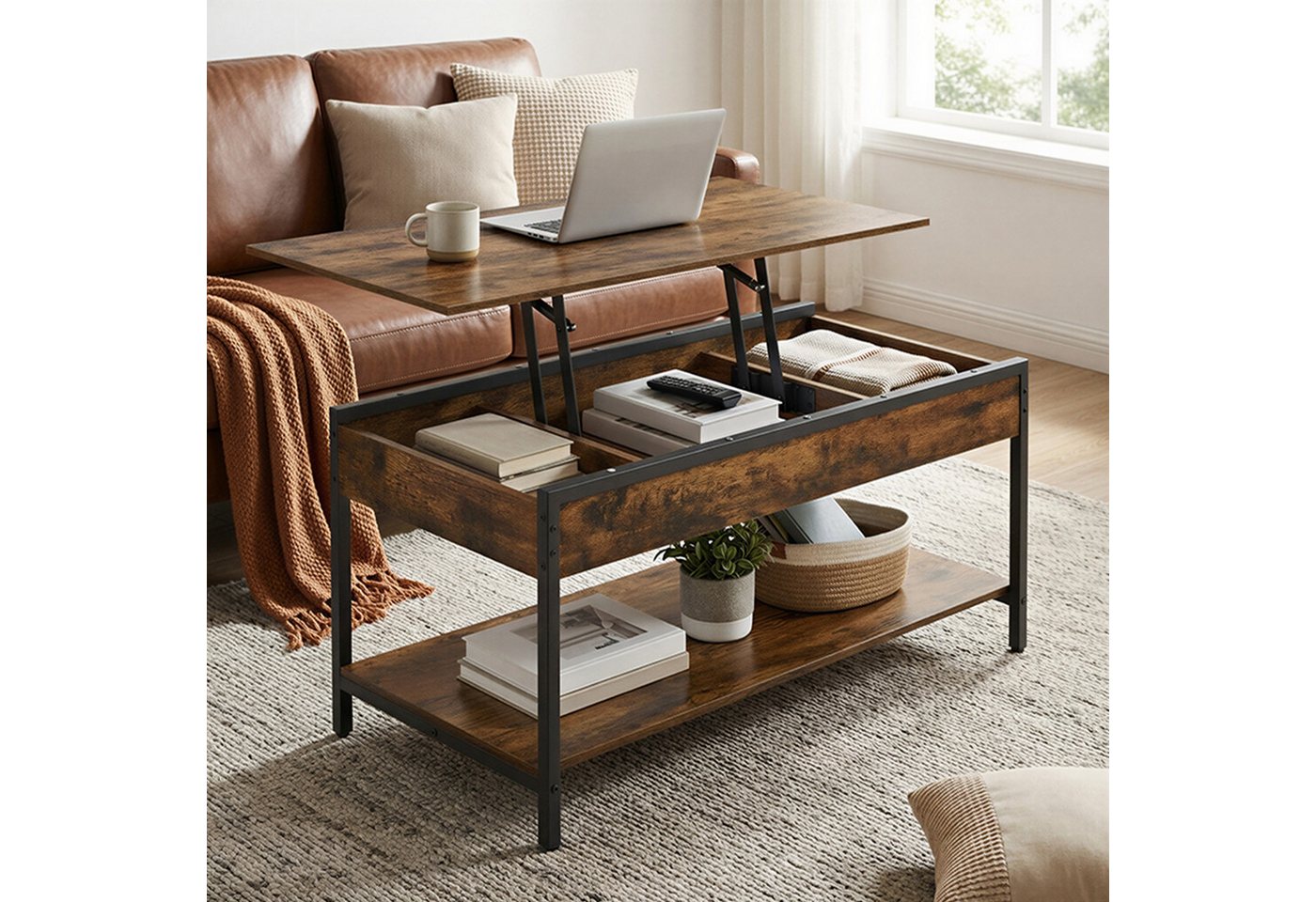 VASAGLE Couchtisch Wohnzimmertisch, höhenverstellbar, aufklappbar, mit Stauraum (für Home Office, inkl. Zubehörpaket & Anleitung), Stahl, Industrial, 50 x 100 x – Bild 2 von 5