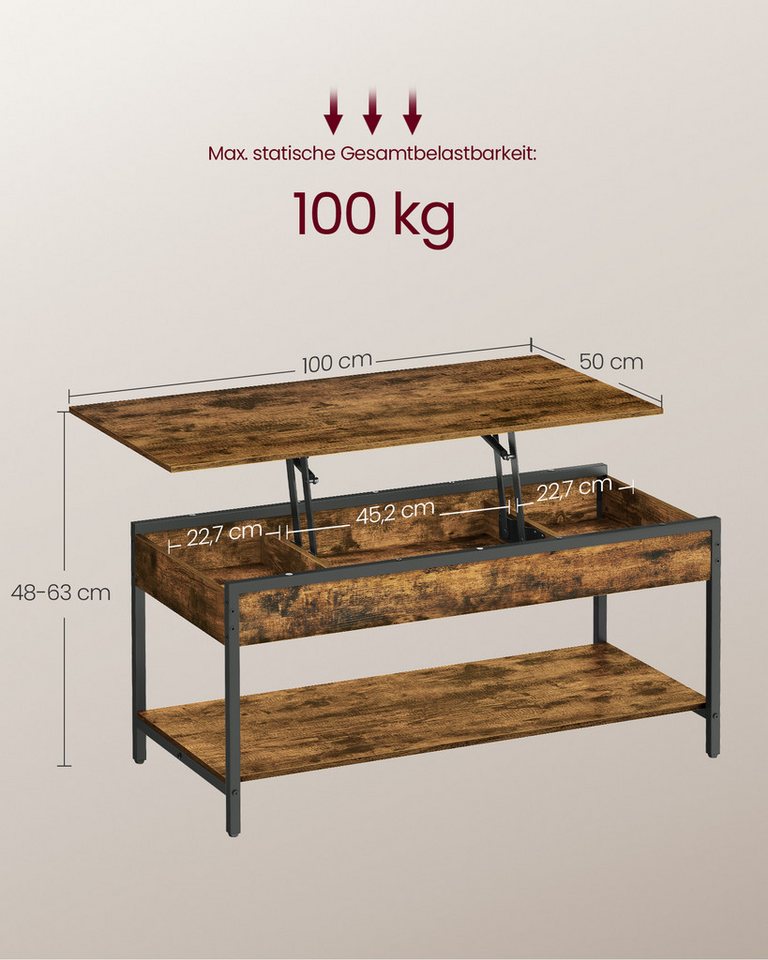 VASAGLE Couchtisch Wohnzimmertisch, höhenverstellbar, aufklappbar, mit Stauraum (für Home Office, inkl. Zubehörpaket & Anleitung), Stahl, Industrial, 50 x 100 x – Bild 3 von 5