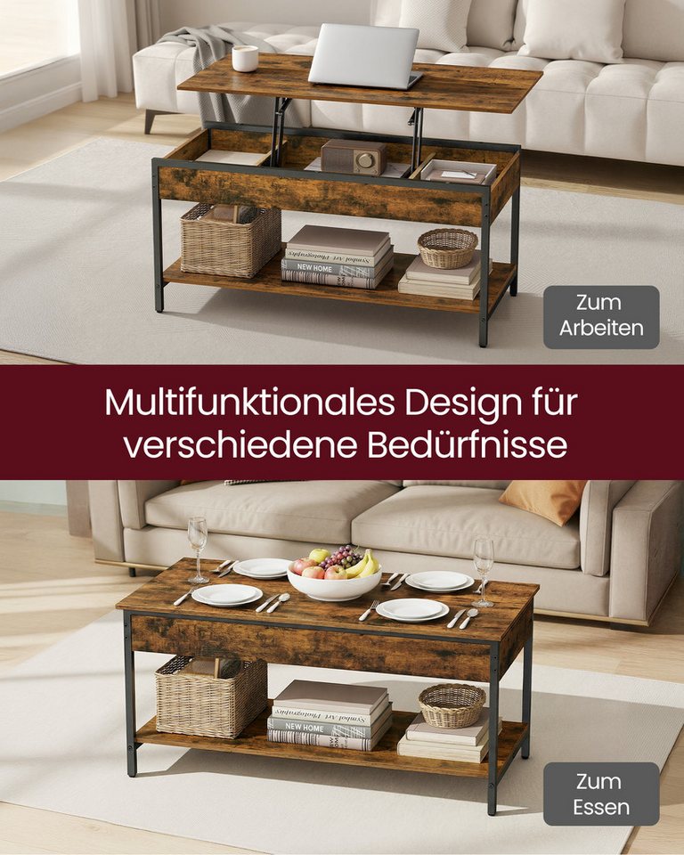 VASAGLE Couchtisch Wohnzimmertisch, höhenverstellbar, aufklappbar, mit Stauraum (für Home Office, inkl. Zubehörpaket & Anleitung), Stahl, Industrial, 50 x 100 x – Bild 4 von 5
