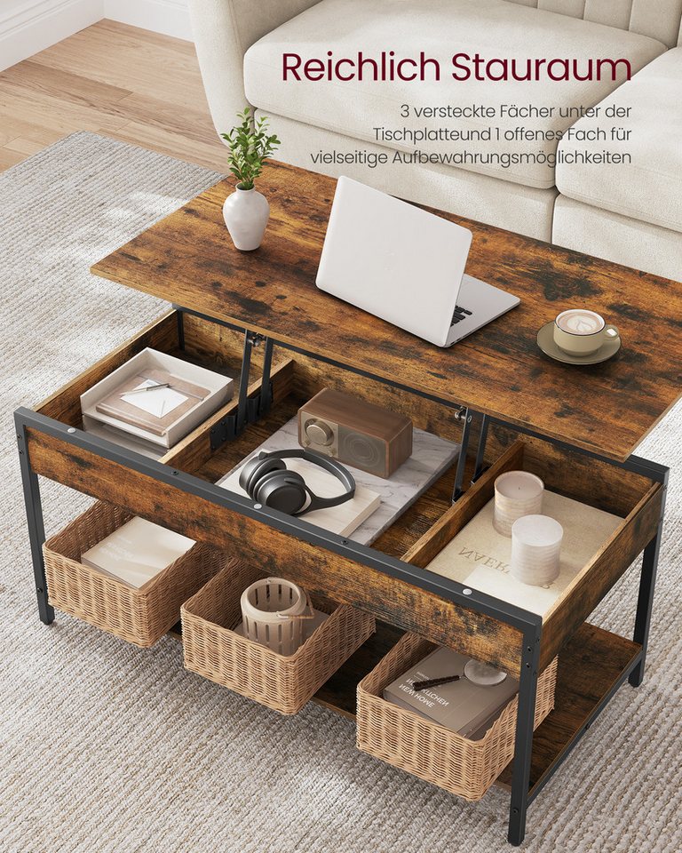 VASAGLE Couchtisch Wohnzimmertisch, höhenverstellbar, aufklappbar, mit Stauraum (für Home Office, inkl. Zubehörpaket & Anleitung), Stahl, Industrial, 50 x 100 x – Bild 5 von 5