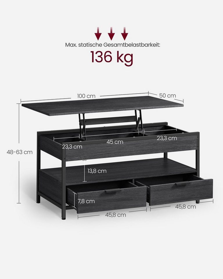 VASAGLE Couchtisch Wohnzimmertisch, höhenverstellbar, aufklappbar, mit Stauraum (für Home Office, inkl. Zubehörpaket & Anleitung), Stahl, mit Schubladen, Indust – Bild 2 von 5