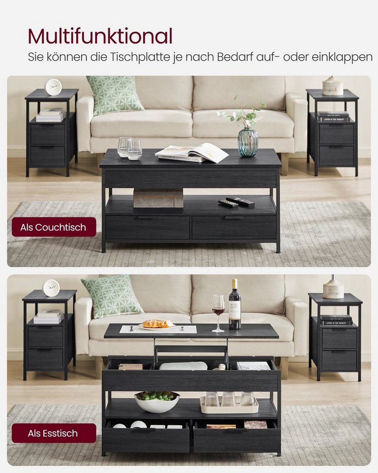 VASAGLE Couchtisch Wohnzimmertisch, höhenverstellbar, aufklappbar, mit Stauraum (für Home Office, inkl. Zubehörpaket & Anleitung), Stahl, mit Schubladen, Indust – Bild 3 von 5