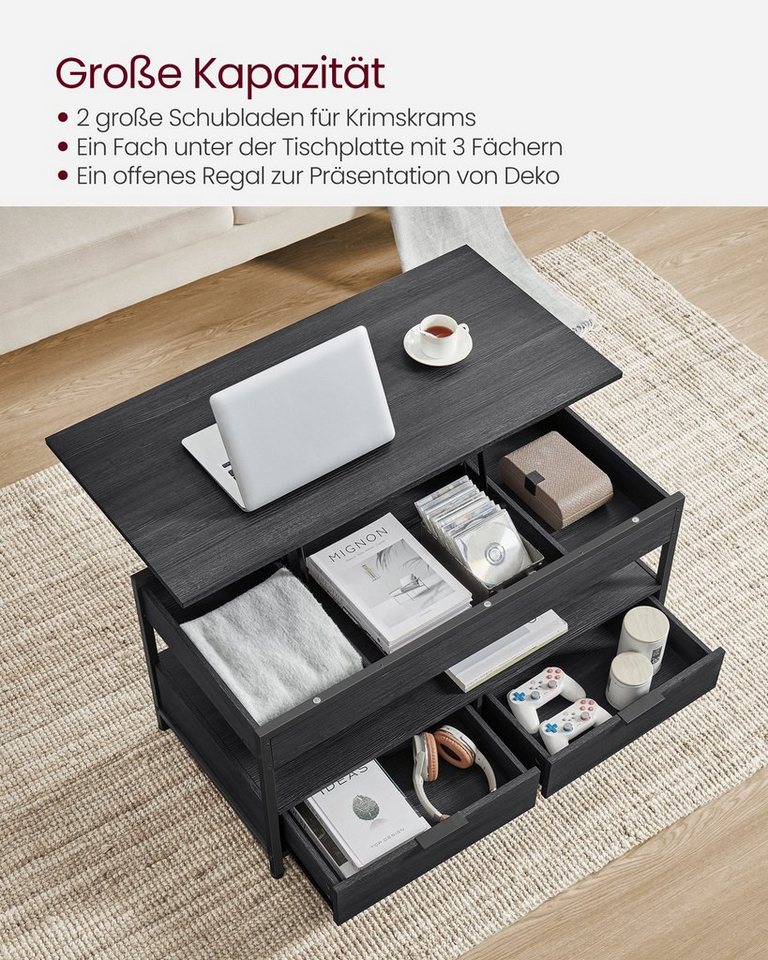 VASAGLE Couchtisch Wohnzimmertisch, höhenverstellbar, aufklappbar, mit Stauraum (für Home Office, inkl. Zubehörpaket & Anleitung), Stahl, mit Schubladen, Indust – Bild 4 von 5