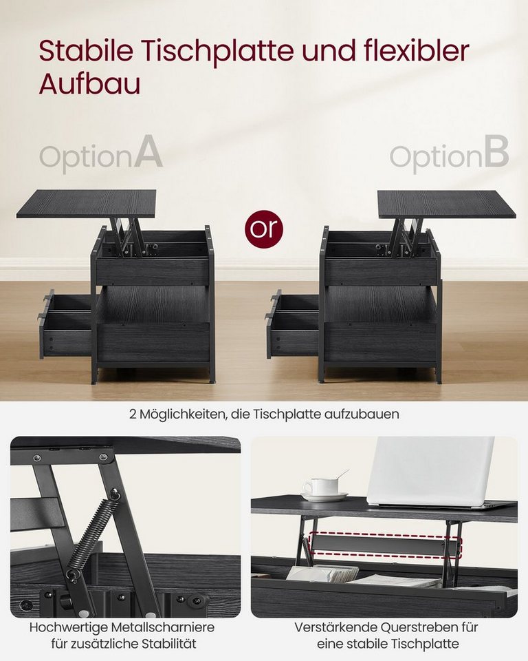 VASAGLE Couchtisch Wohnzimmertisch, höhenverstellbar, aufklappbar, mit Stauraum (für Home Office, inkl. Zubehörpaket & Anleitung), Stahl, mit Schubladen, Indust – Bild 5 von 5