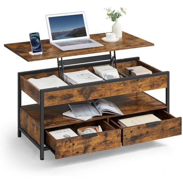 VASAGLE Couchtisch Wohnzimmertisch, höhenverstellbar, aufklappbar, mit Stauraum (für Home Office, inkl. Zubehörpaket & Anleitung), Stahl, mit Schubladen, Indust