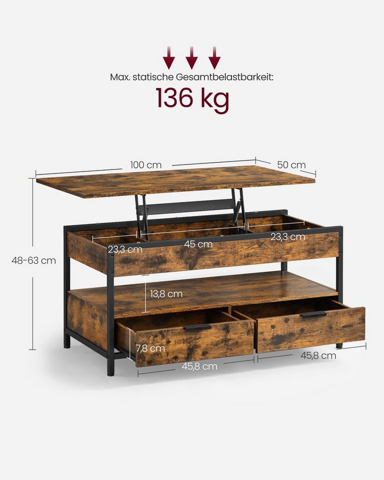 VASAGLE Couchtisch Wohnzimmertisch, höhenverstellbar, aufklappbar, mit Stauraum (für Home Office, inkl. Zubehörpaket & Anleitung), Stahl, mit Schubladen, Indust – Bild 2 von 5