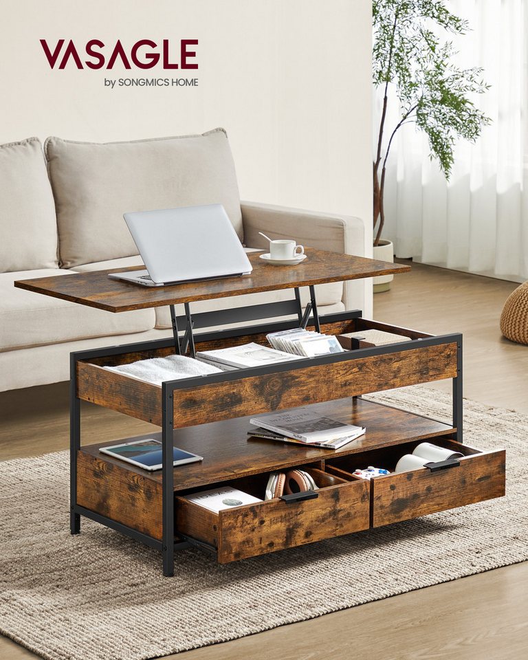 VASAGLE Couchtisch Wohnzimmertisch, höhenverstellbar, aufklappbar, mit Stauraum (für Home Office, inkl. Zubehörpaket & Anleitung), Stahl, mit Schubladen, Indust – Bild 3 von 5