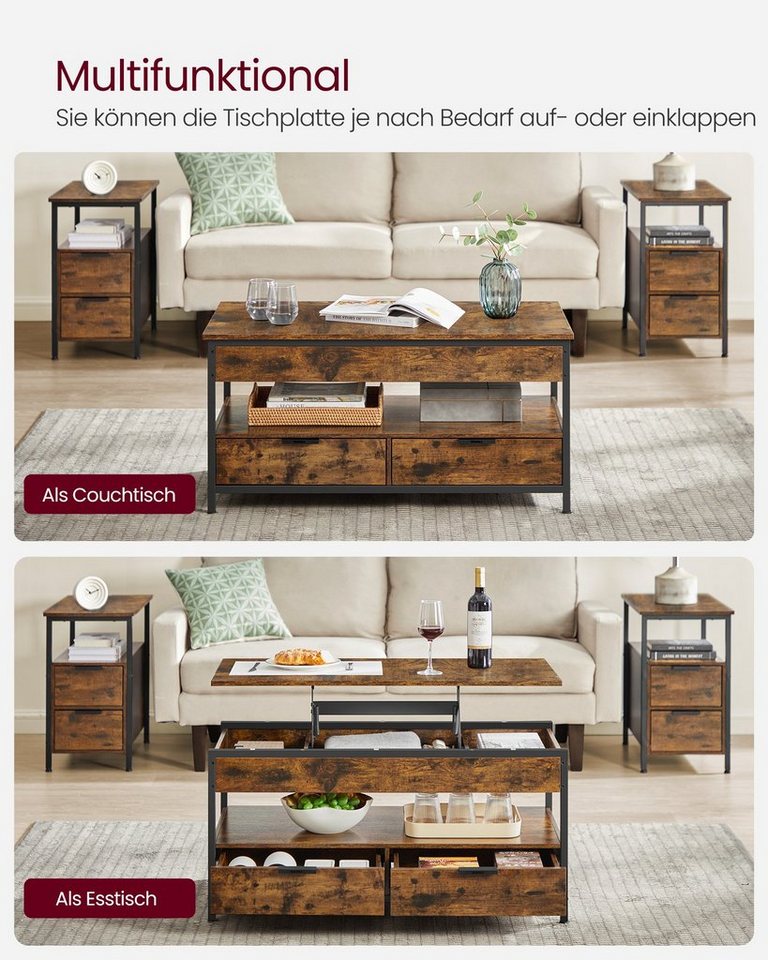 VASAGLE Couchtisch Wohnzimmertisch, höhenverstellbar, aufklappbar, mit Stauraum (für Home Office, inkl. Zubehörpaket & Anleitung), Stahl, mit Schubladen, Indust – Bild 4 von 5