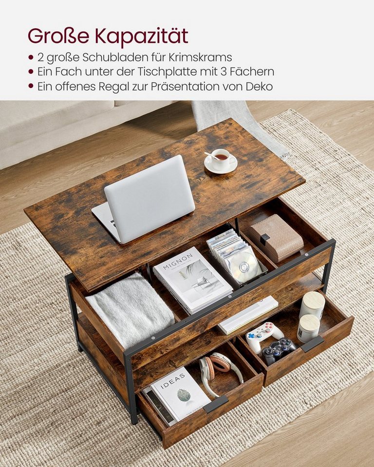 VASAGLE Couchtisch Wohnzimmertisch, höhenverstellbar, aufklappbar, mit Stauraum (für Home Office, inkl. Zubehörpaket & Anleitung), Stahl, mit Schubladen, Indust – Bild 5 von 5