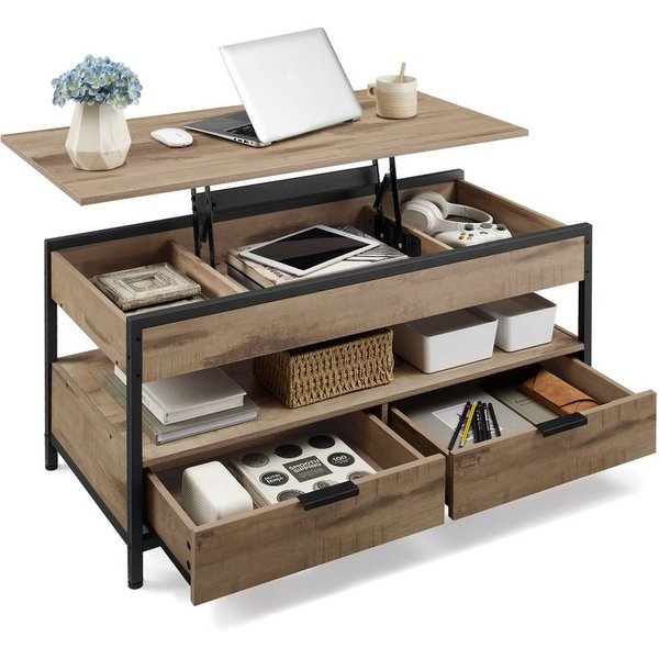 VASAGLE Couchtisch Wohnzimmertisch, höhenverstellbar, aufklappbar, mit Stauraum (für Home Office, inkl. Zubehörpaket & Anleitung), Stahl, mit Schubladen, Indust