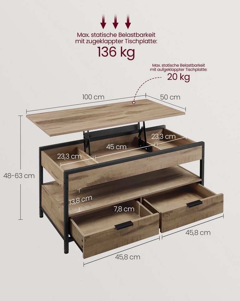 VASAGLE Couchtisch Wohnzimmertisch, höhenverstellbar, aufklappbar, mit Stauraum (für Home Office, inkl. Zubehörpaket & Anleitung), Stahl, mit Schubladen, Indust – Bild 2 von 5