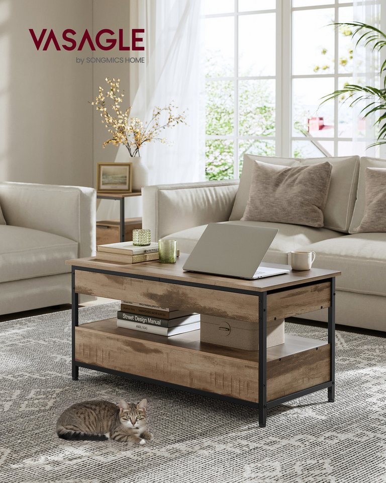VASAGLE Couchtisch Wohnzimmertisch, höhenverstellbar, aufklappbar, mit Stauraum (für Home Office, inkl. Zubehörpaket & Anleitung), Stahl, mit Schubladen, Indust – Bild 3 von 5
