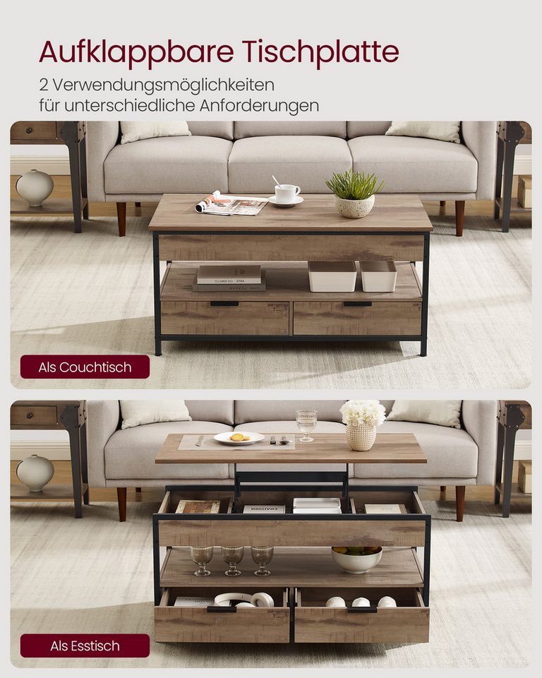 VASAGLE Couchtisch Wohnzimmertisch, höhenverstellbar, aufklappbar, mit Stauraum (für Home Office, inkl. Zubehörpaket & Anleitung), Stahl, mit Schubladen, Indust – Bild 4 von 5