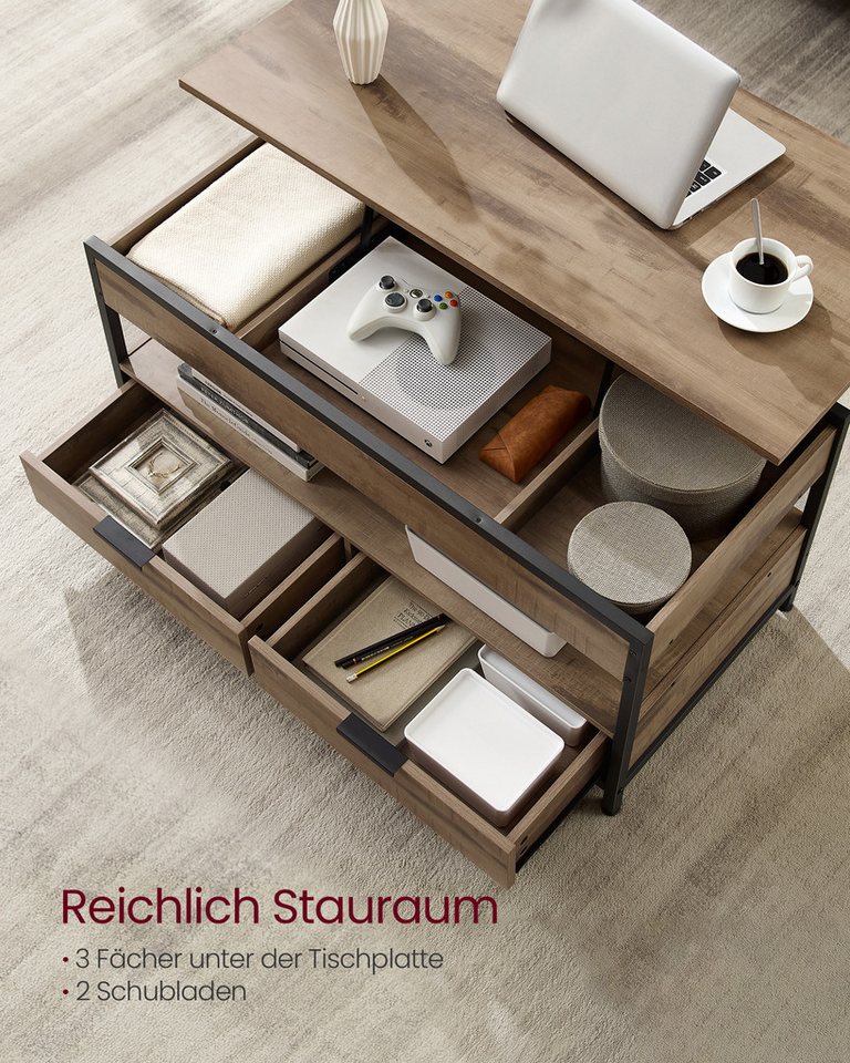 VASAGLE Couchtisch Wohnzimmertisch, höhenverstellbar, aufklappbar, mit Stauraum (für Home Office, inkl. Zubehörpaket & Anleitung), Stahl, mit Schubladen, Indust – Bild 5 von 5
