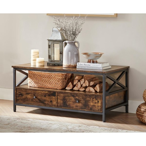 VASAGLE Couchtisch Wohnzimmertisch mit Schubladen, für Wohnzimmer, Industrie-Design, Sofatisch, X-förmige Streben
