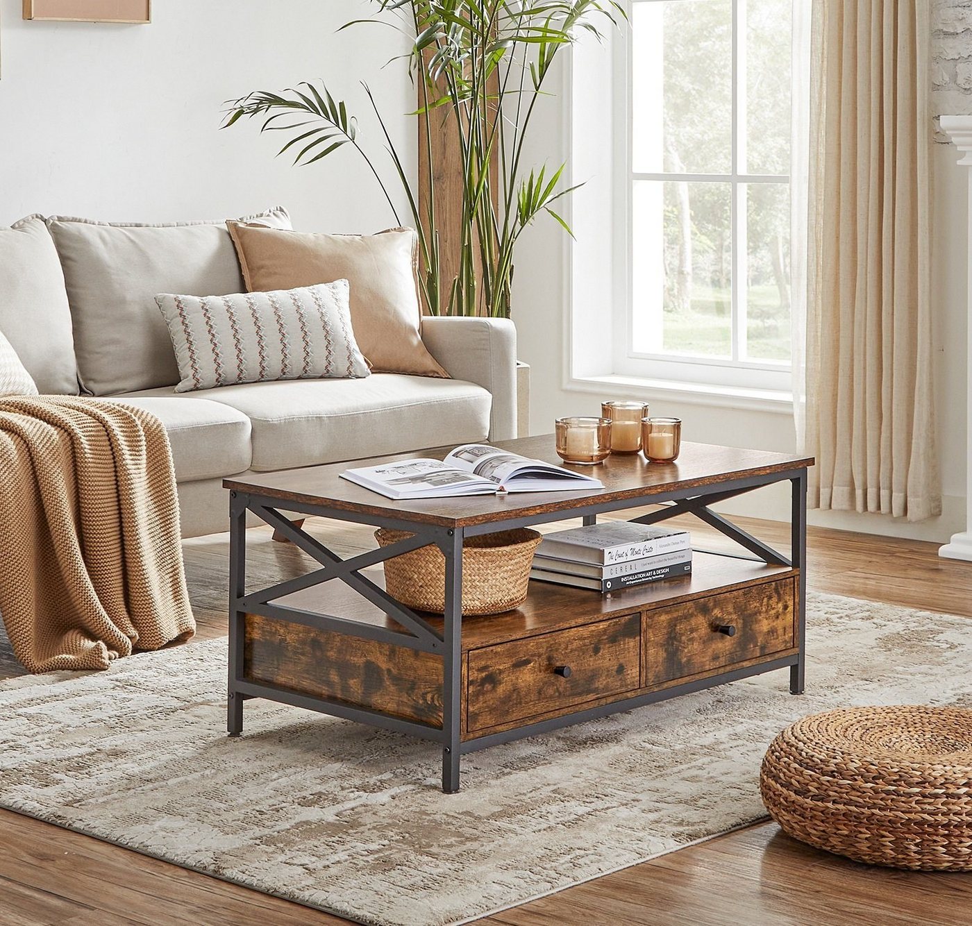 VASAGLE Couchtisch Wohnzimmertisch mit Schubladen, für Wohnzimmer, Industrie-Design, Sofatisch, X-förmige Streben – Bild 2 von 5