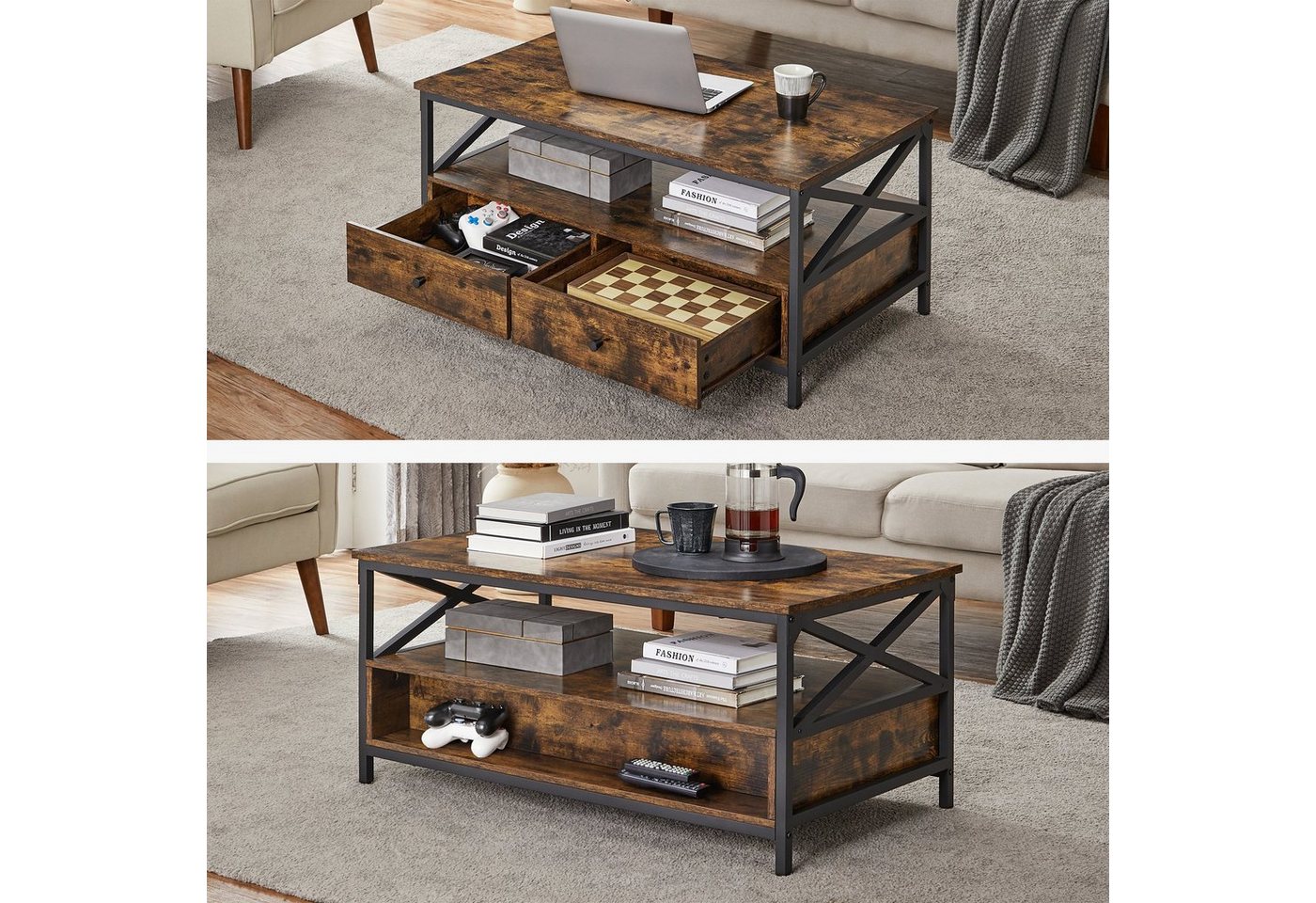 VASAGLE Couchtisch Wohnzimmertisch mit Schubladen, für Wohnzimmer, Industrie-Design, Sofatisch, X-förmige Streben – Bild 3 von 5