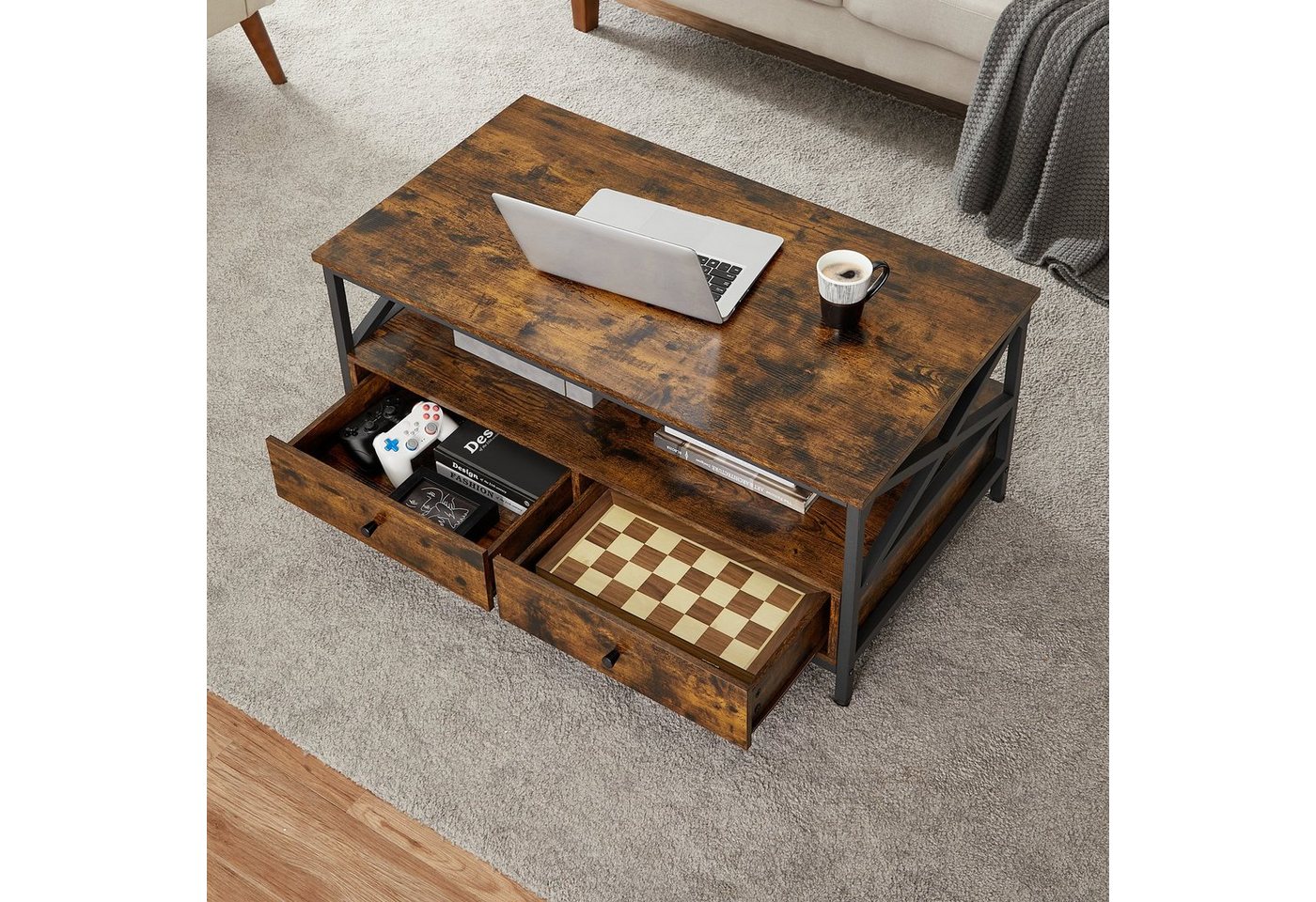 VASAGLE Couchtisch Wohnzimmertisch mit Schubladen, für Wohnzimmer, Industrie-Design, Sofatisch, X-förmige Streben – Bild 4 von 5