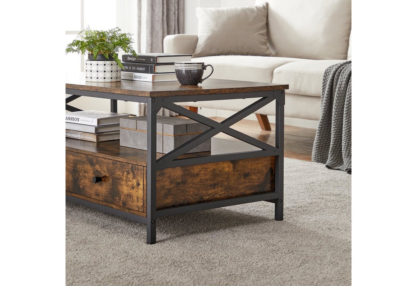 VASAGLE Couchtisch Wohnzimmertisch mit Schubladen, für Wohnzimmer, Industrie-Design, Sofatisch, X-förmige Streben – Bild 5 von 5