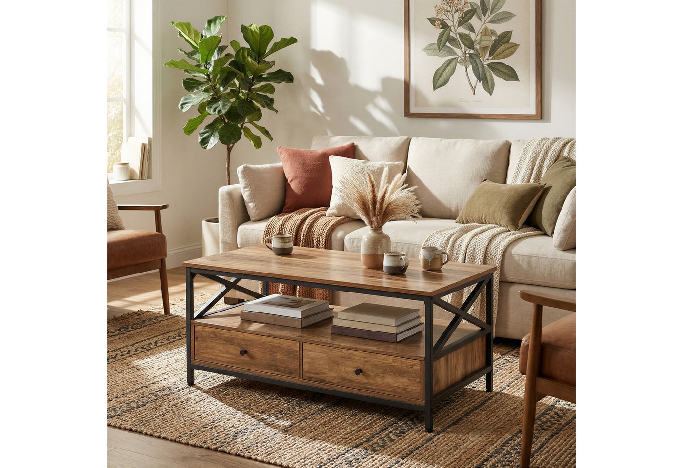 VASAGLE Couchtisch Wohnzimmertisch mit Schubladen, für Wohnzimmer, Industrie-Design, Sofatisch, X-förmige Streben – Bild 3 von 5