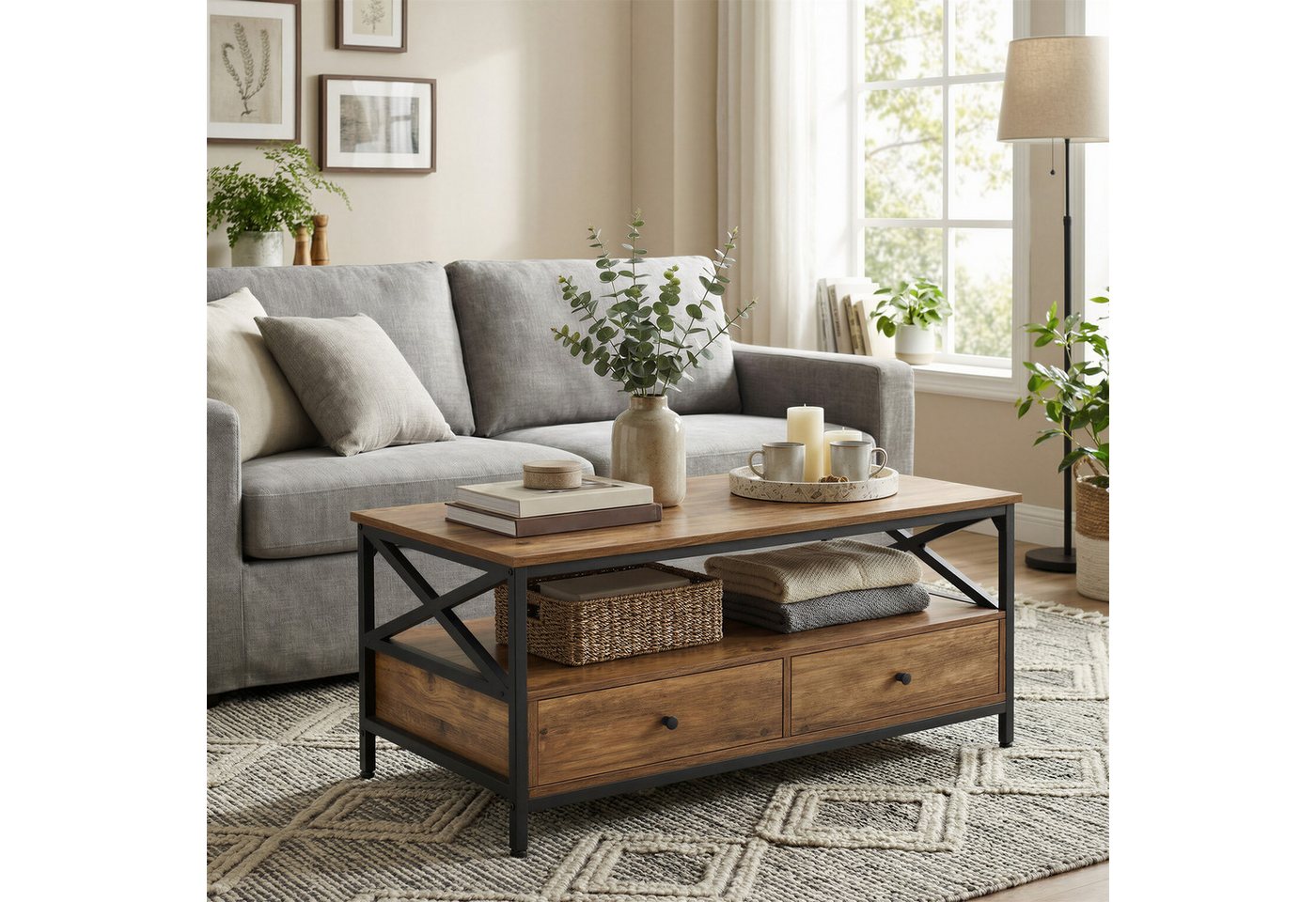 VASAGLE Couchtisch Wohnzimmertisch mit Schubladen, für Wohnzimmer, Industrie-Design, Sofatisch, X-förmige Streben – Bild 4 von 5