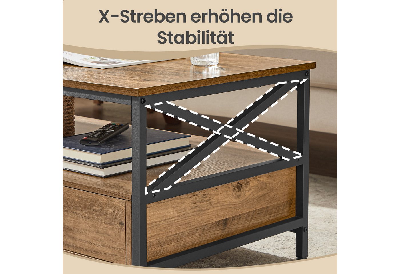 VASAGLE Couchtisch Wohnzimmertisch mit Schubladen, für Wohnzimmer, Industrie-Design, Sofatisch, X-förmige Streben – Bild 5 von 5