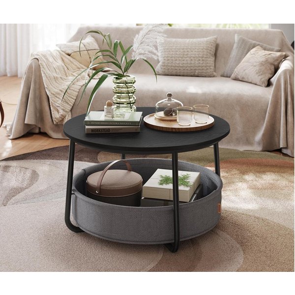 VASAGLE Couchtisch Wohnzimmertisch rund, mit Stauraum Stoffkorb, Sofatisch, holz (inkl. Zubehörpaket & Anleitung), Beistelltisch rund Wohnzimmertisch modern min