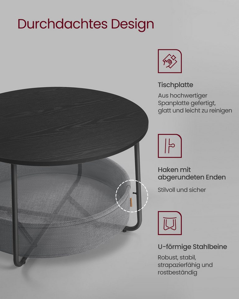 VASAGLE Couchtisch Wohnzimmertisch rund, mit Stauraum Stoffkorb, Sofatisch, holz (inkl. Zubehörpaket & Anleitung), Beistelltisch rund Wohnzimmertisch modern min – Bild 3 von 5