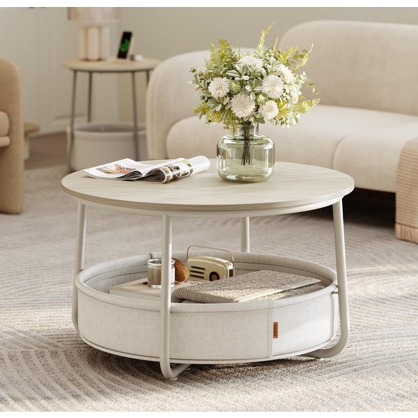 VASAGLE Couchtisch Wohnzimmertisch rund, mit Stauraum Stoffkorb, Sofatisch, holz (inkl. Zubehörpaket & Anleitung), Beistelltisch rund Wohnzimmertisch modern min