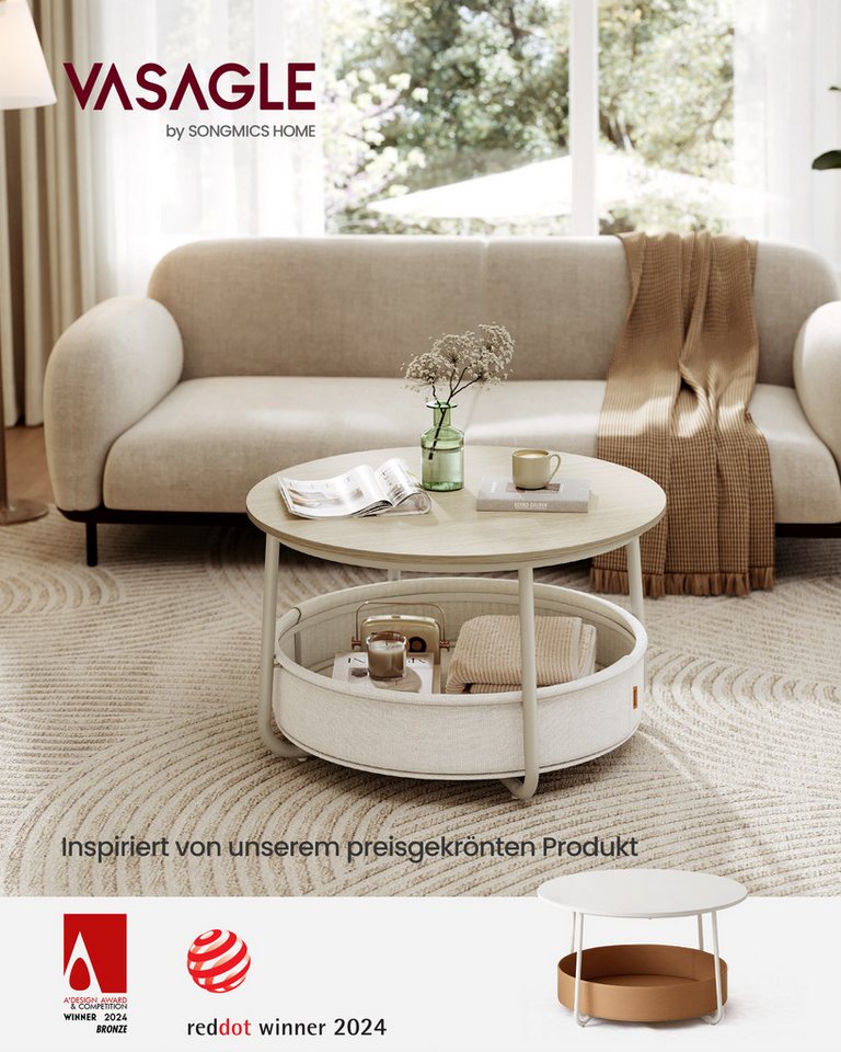 VASAGLE Couchtisch Wohnzimmertisch rund, mit Stauraum Stoffkorb, Sofatisch, holz (inkl. Zubehörpaket & Anleitung), Beistelltisch rund Wohnzimmertisch modern min – Bild 2 von 5