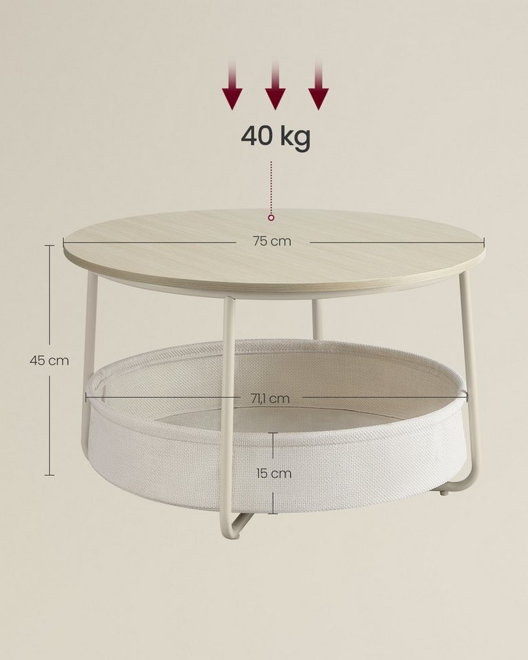 VASAGLE Couchtisch Wohnzimmertisch rund, mit Stauraum Stoffkorb, Sofatisch, holz (inkl. Zubehörpaket & Anleitung), Beistelltisch rund Wohnzimmertisch modern min – Bild 3 von 5