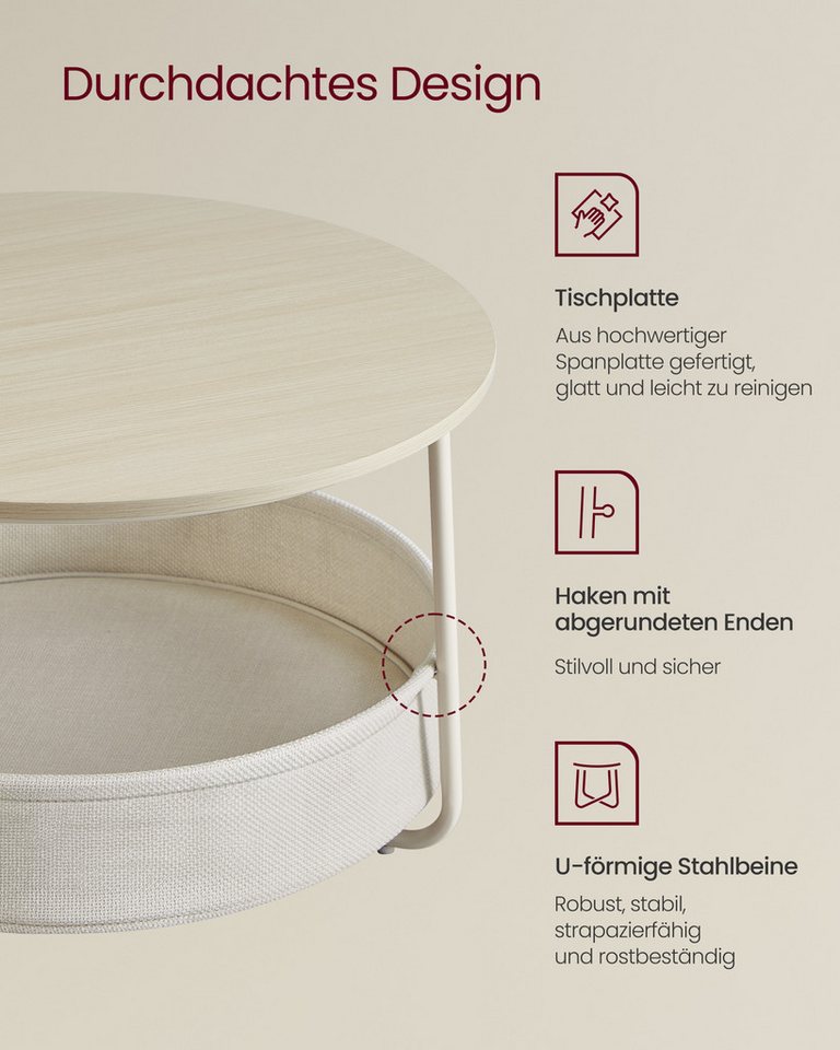 VASAGLE Couchtisch Wohnzimmertisch rund, mit Stauraum Stoffkorb, Sofatisch, holz (inkl. Zubehörpaket & Anleitung), Beistelltisch rund Wohnzimmertisch modern min – Bild 4 von 5