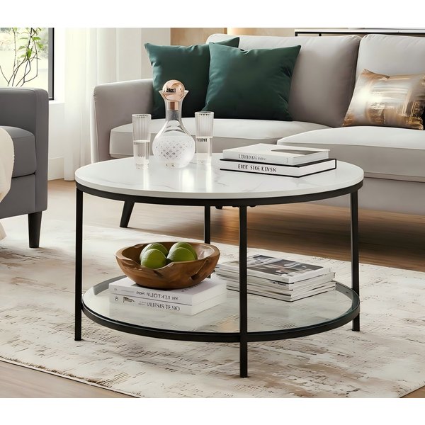 VASAGLE Couchtisch Wohnzimmertisch rund, klein, marmor (inkl. Zubehörpaket & Anleitung), für Wohnzimmer, einfacher Aufbau, moderner Stil, mit Glasplatte