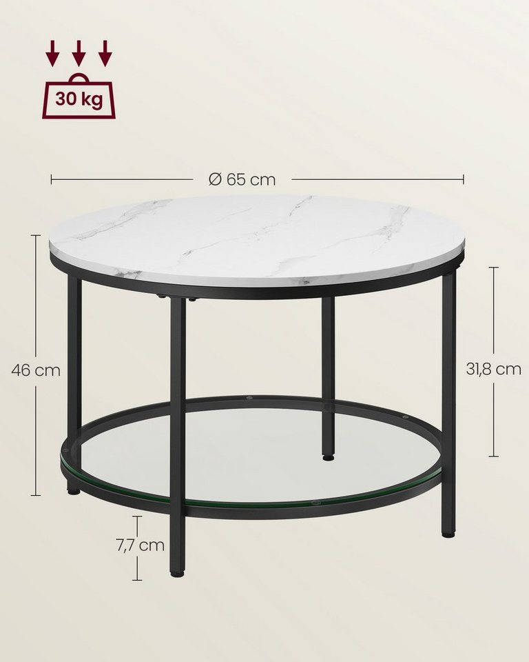 VASAGLE Couchtisch Wohnzimmertisch rund, klein, marmor (inkl. Zubehörpaket & Anleitung), für Wohnzimmer, einfacher Aufbau, moderner Stil, mit Glasplatte – Bild 3 von 5
