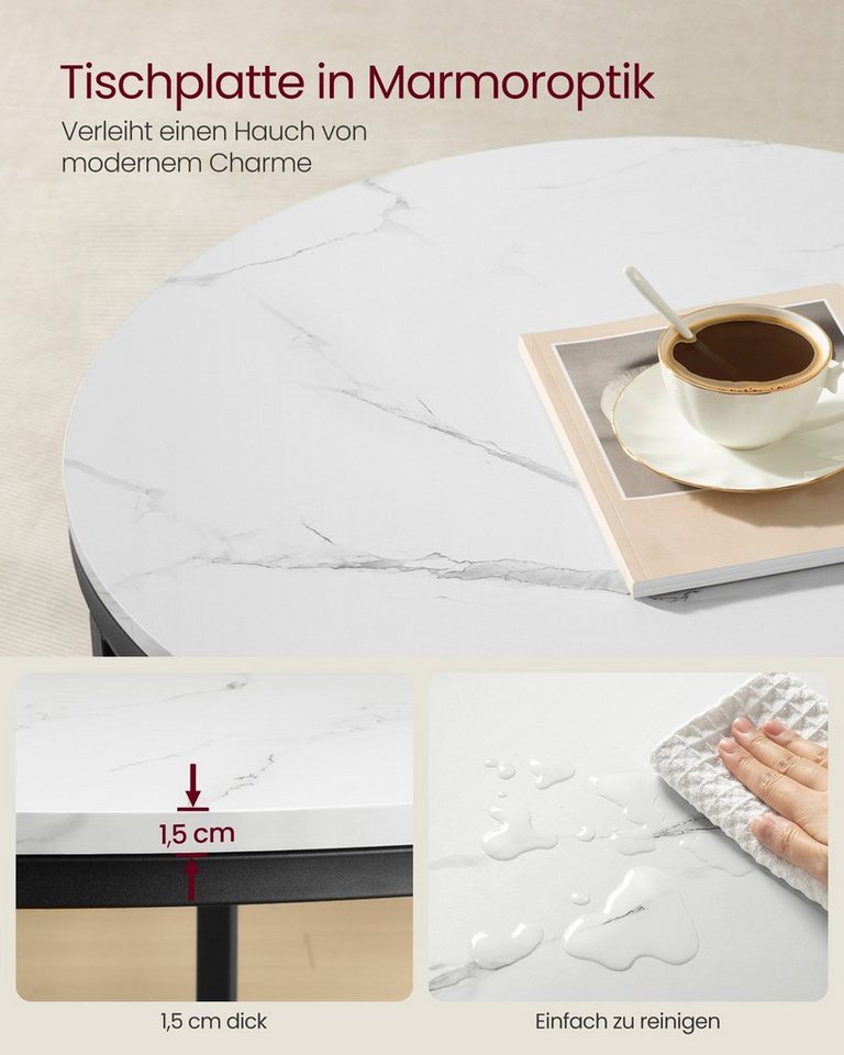 VASAGLE Couchtisch Wohnzimmertisch rund, klein, marmor (inkl. Zubehörpaket & Anleitung), für Wohnzimmer, einfacher Aufbau, moderner Stil, mit Glasplatte – Bild 5 von 5
