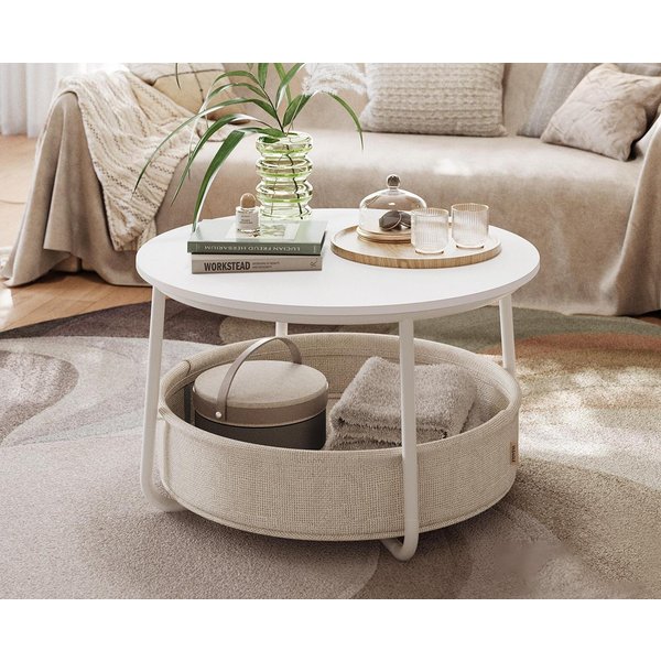 VASAGLE Couchtisch Wohnzimmertisch rund, mit Stauraum Stoffkorb, Sofatisch, holz (inkl. Zubehörpaket & Anleitung), Beistelltisch modern minimalistisch, weiß ∅75