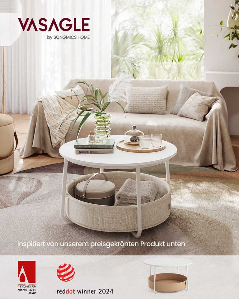 VASAGLE Couchtisch Wohnzimmertisch rund, mit Stauraum Stoffkorb, Sofatisch, holz (inkl. Zubehörpaket & Anleitung), Beistelltisch modern minimalistisch, weiß ∅75 – Bild 2 von 5