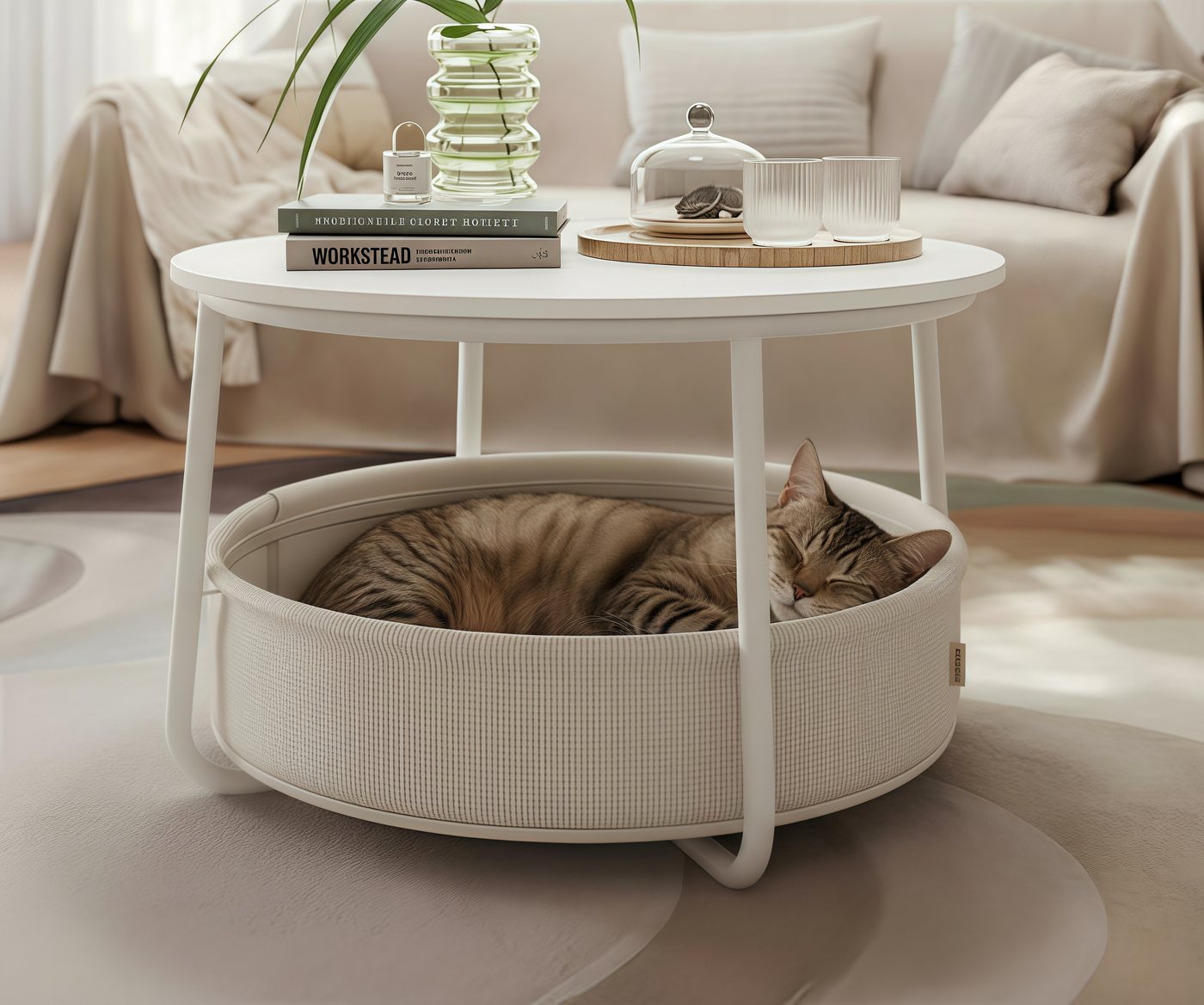 VASAGLE Couchtisch Wohnzimmertisch rund, mit Stauraum Stoffkorb, Sofatisch, holz (inkl. Zubehörpaket & Anleitung), Beistelltisch modern minimalistisch, weiß ∅75 – Bild 3 von 5