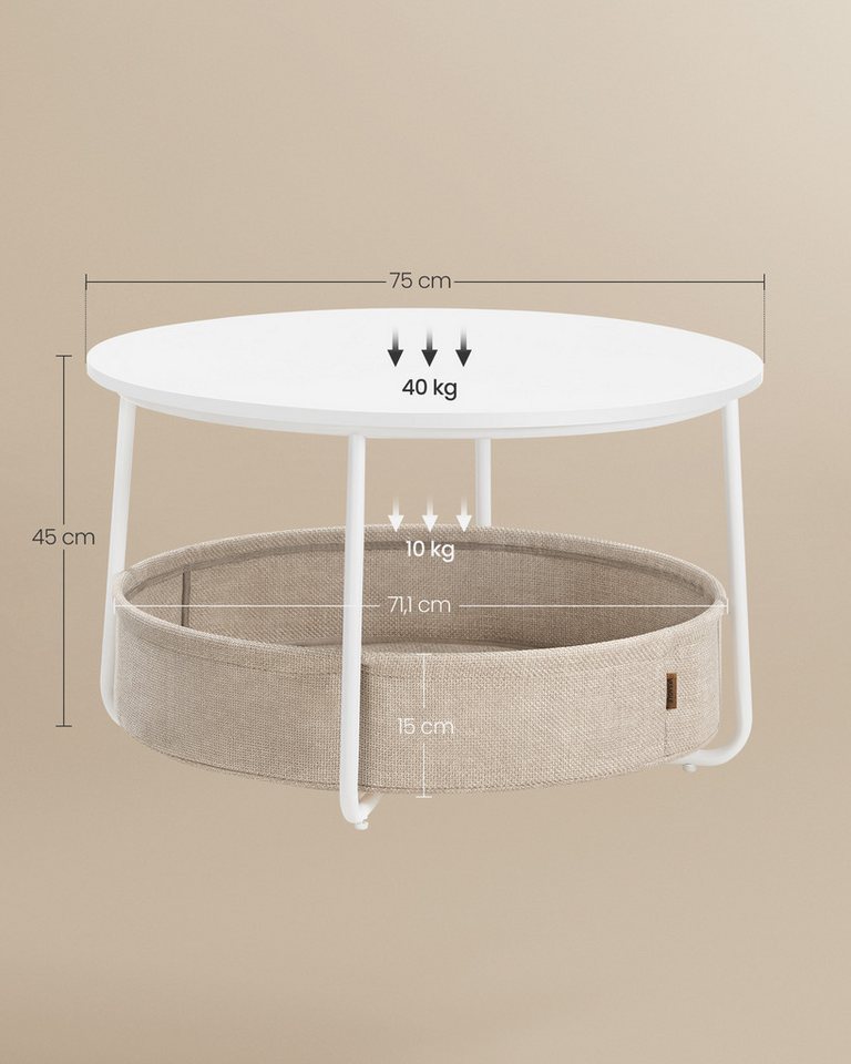 VASAGLE Couchtisch Wohnzimmertisch rund, mit Stauraum Stoffkorb, Sofatisch, holz (inkl. Zubehörpaket & Anleitung), Beistelltisch modern minimalistisch, weiß ∅75 – Bild 4 von 5