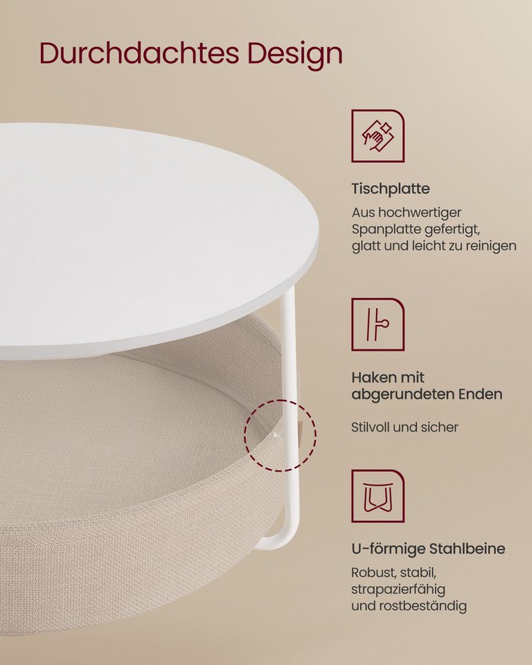 VASAGLE Couchtisch Wohnzimmertisch rund, mit Stauraum Stoffkorb, Sofatisch, holz (inkl. Zubehörpaket & Anleitung), Beistelltisch modern minimalistisch, weiß ∅75 – Bild 5 von 5