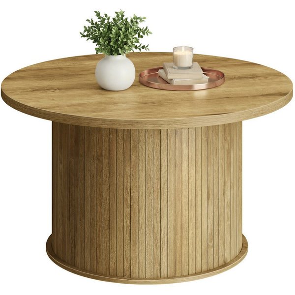 VASAGLE Couchtisch Wohnzimmertisch rund, Holzoptik, modern, mit Lamellenoptik, einfache Montage, 80 x 45 cm