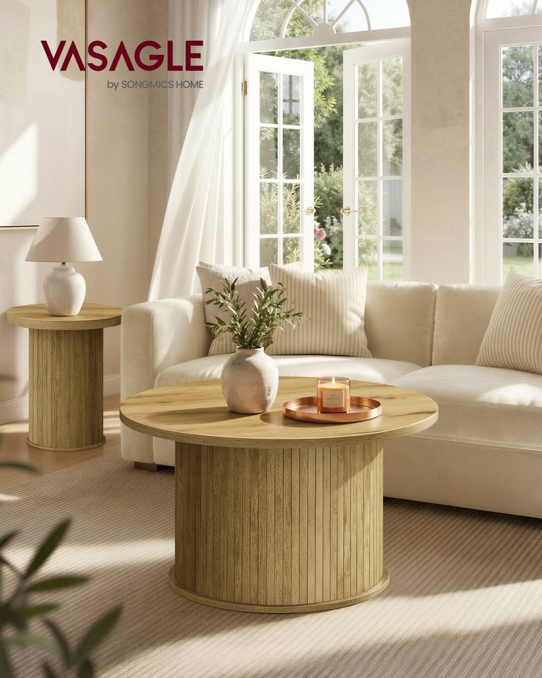 VASAGLE Couchtisch Wohnzimmertisch rund, Holzoptik, modern, mit Lamellenoptik, einfache Montage, 80 x 45 cm – Bild 2 von 5