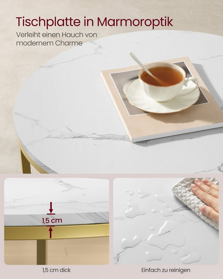 VASAGLE Couchtisch Wohnzimmertisch rund, klein, marmor (inkl. Zubehörpaket & Anleitung), für Wohnzimmer, einfacher Aufbau, moderner Stil, mit Glasplatte – Bild 5 von 5