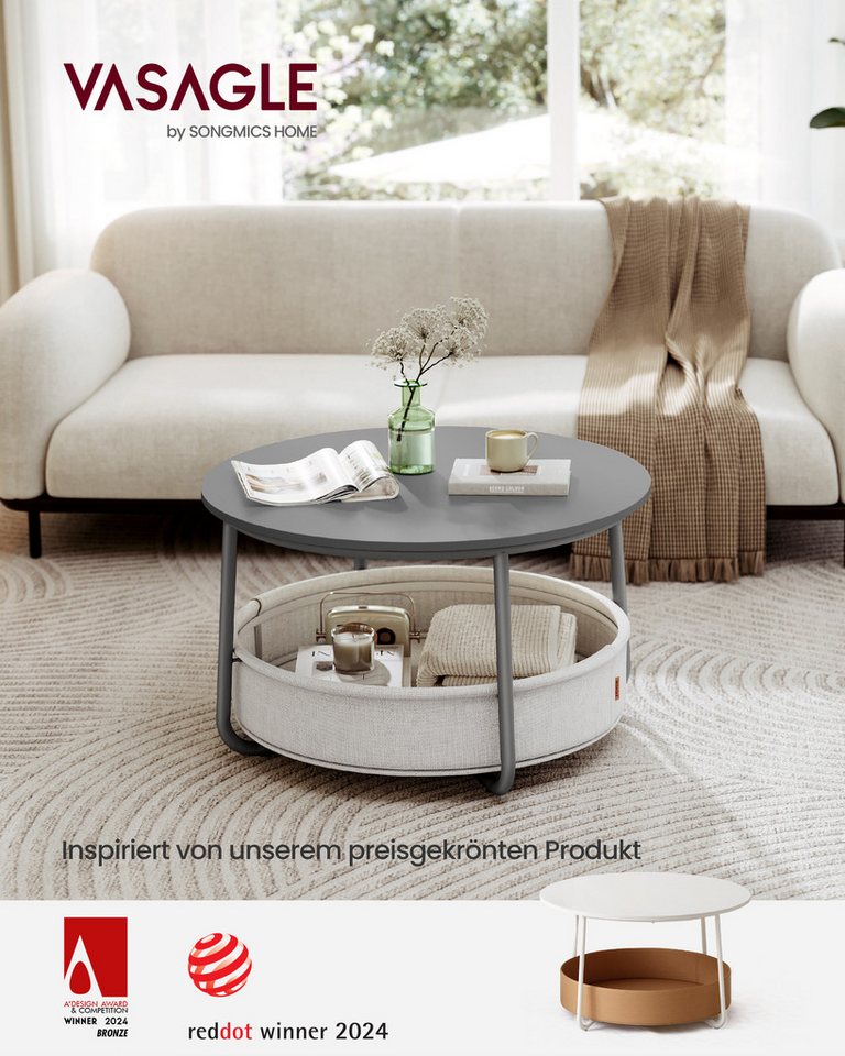 VASAGLE Couchtisch Wohnzimmertisch rund, mit Stauraum Stoffkorb, Sofatisch, holz (inkl. Zubehörpaket & Anleitung), Beistelltisch rund Wohnzimmertisch modern min – Bild 2 von 5