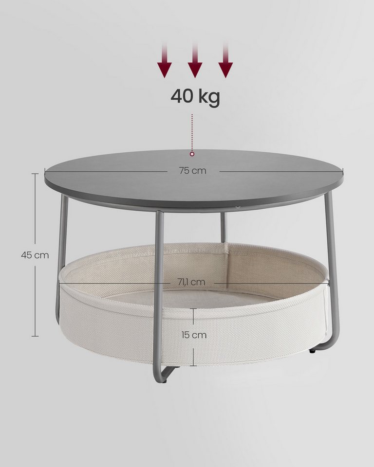 VASAGLE Couchtisch Wohnzimmertisch rund, mit Stauraum Stoffkorb, Sofatisch, holz (inkl. Zubehörpaket & Anleitung), Beistelltisch rund Wohnzimmertisch modern min – Bild 3 von 5