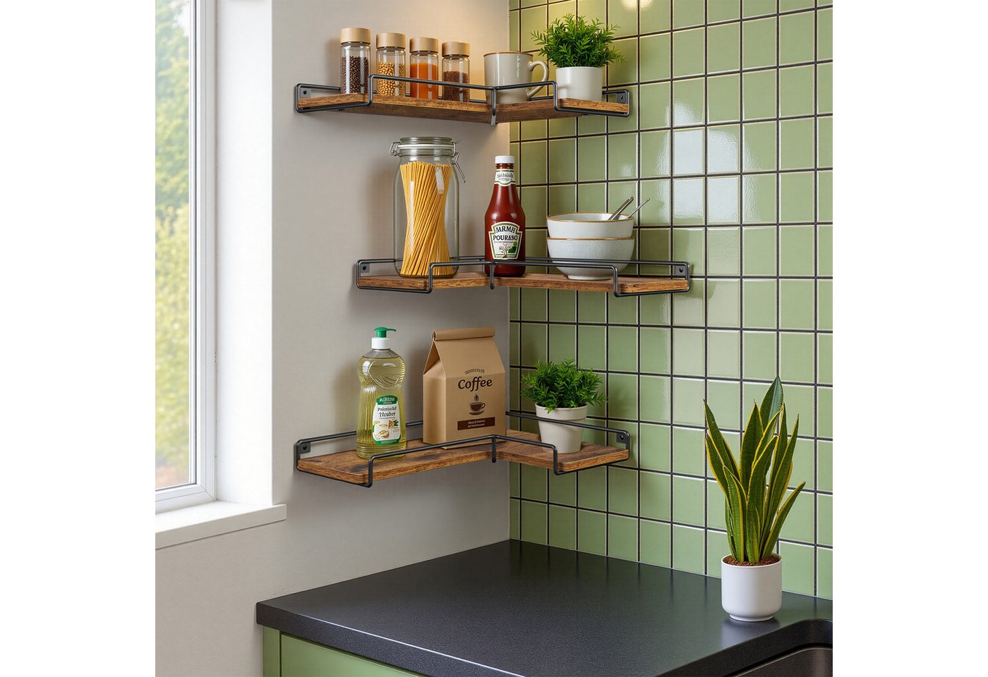 VASAGLE Eckregal L-förmiges Eckregal Set Wandregal, 3-tlg., Wandregal, L-förmiges Eckregal, Industrie-Design,für Wohnzimmer – Bild 2 von 5
