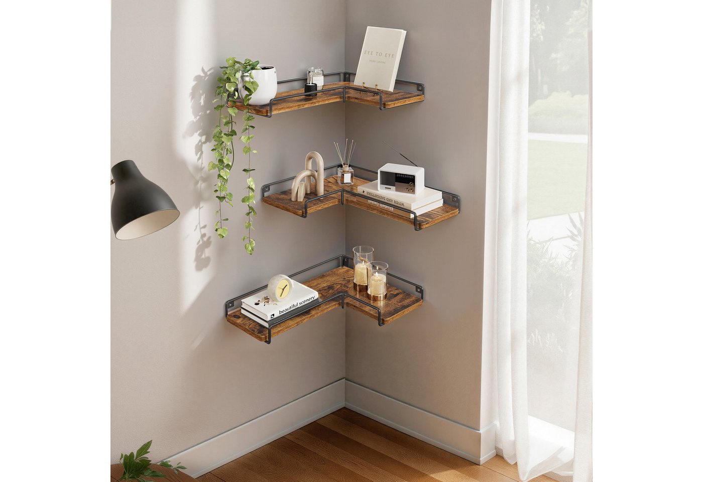 VASAGLE Eckregal L-förmiges Eckregal Set Wandregal, 3-tlg., Wandregal, L-förmiges Eckregal, Industrie-Design,für Wohnzimmer – Bild 3 von 5